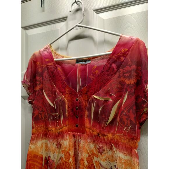 Unity World Wear Women Size XL Orange Pink Abstract Short Sleeve Mixed Print Top - Picture 4 of 7